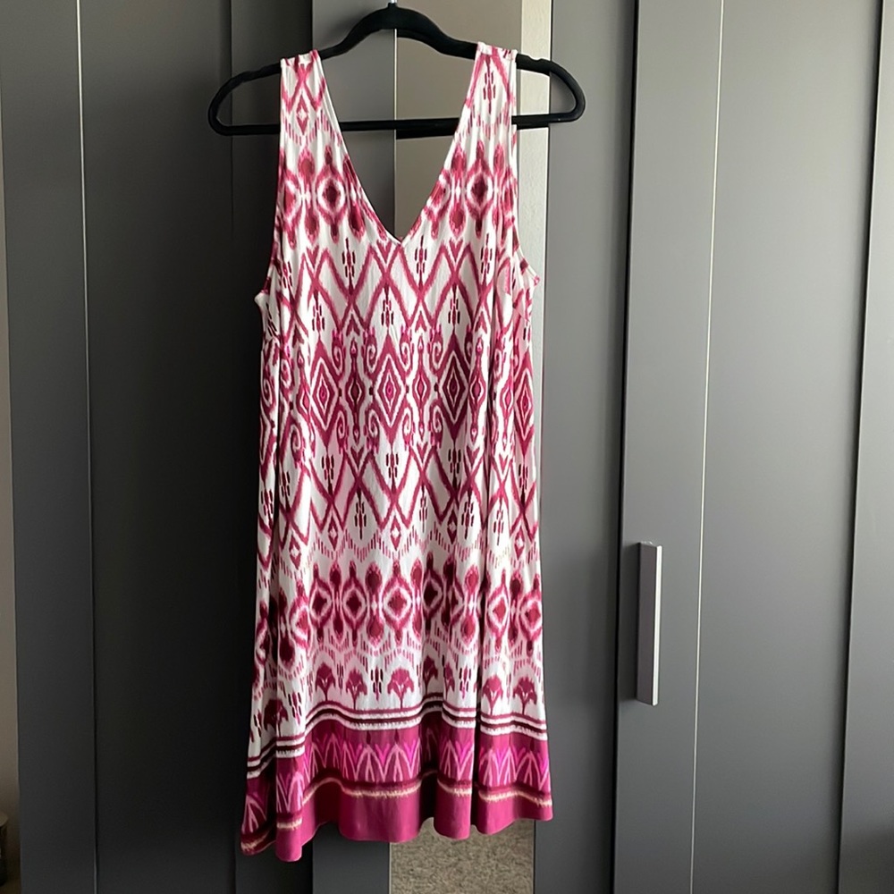 LOFT Pink and White Sleeveless V-Neck Dress Size L